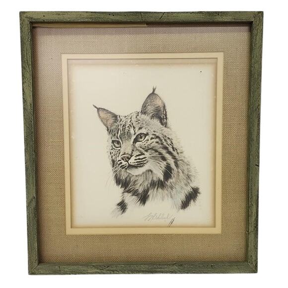 Guy Coheleach Bobcat Lithograph Signed in Green Wood Frame – Vintage - Picture 1 of 9